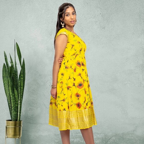 Elegant Yellow Silk Knee-Length Dress | Muvvas Boutique - Picture 4 of 6